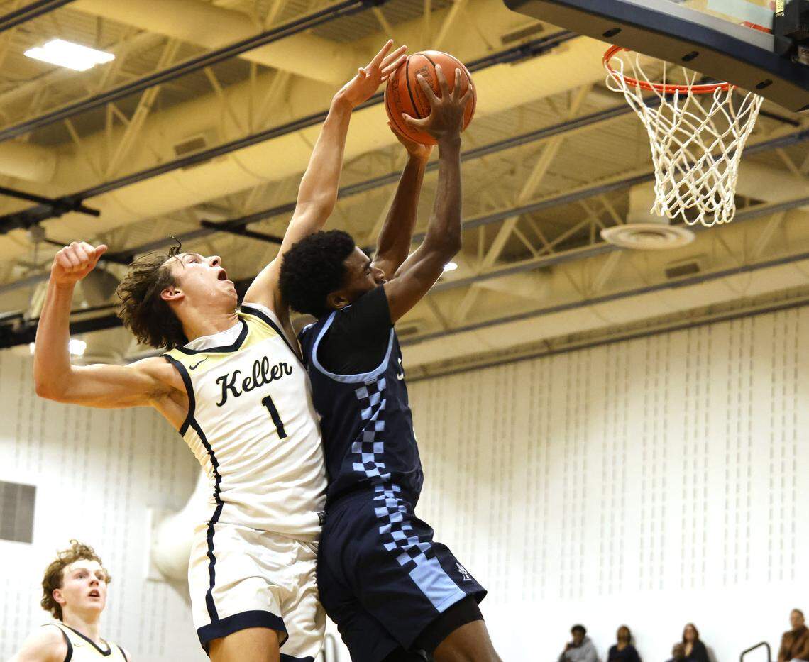 L.D. Bell point guard Andrew Mull (12) is fouled by Keller point Cash Erdmann (1) during the first half of a UIL boys basketball game between L.D. Bell and Keller at Keller High School in Keller, Texas, Friday Jan. 16, 2026