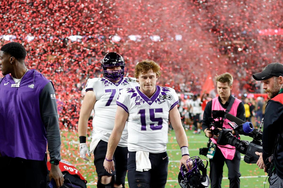 TCU quarterback Max Duggan leaves the field after losing against Georgia in the College Football Playoff National Championship on Monday, Jan. 9, 2023, at SoFi Stadium in Inglewood, Calif. The Bulldogs beat the Horned Frogs, 65-7.