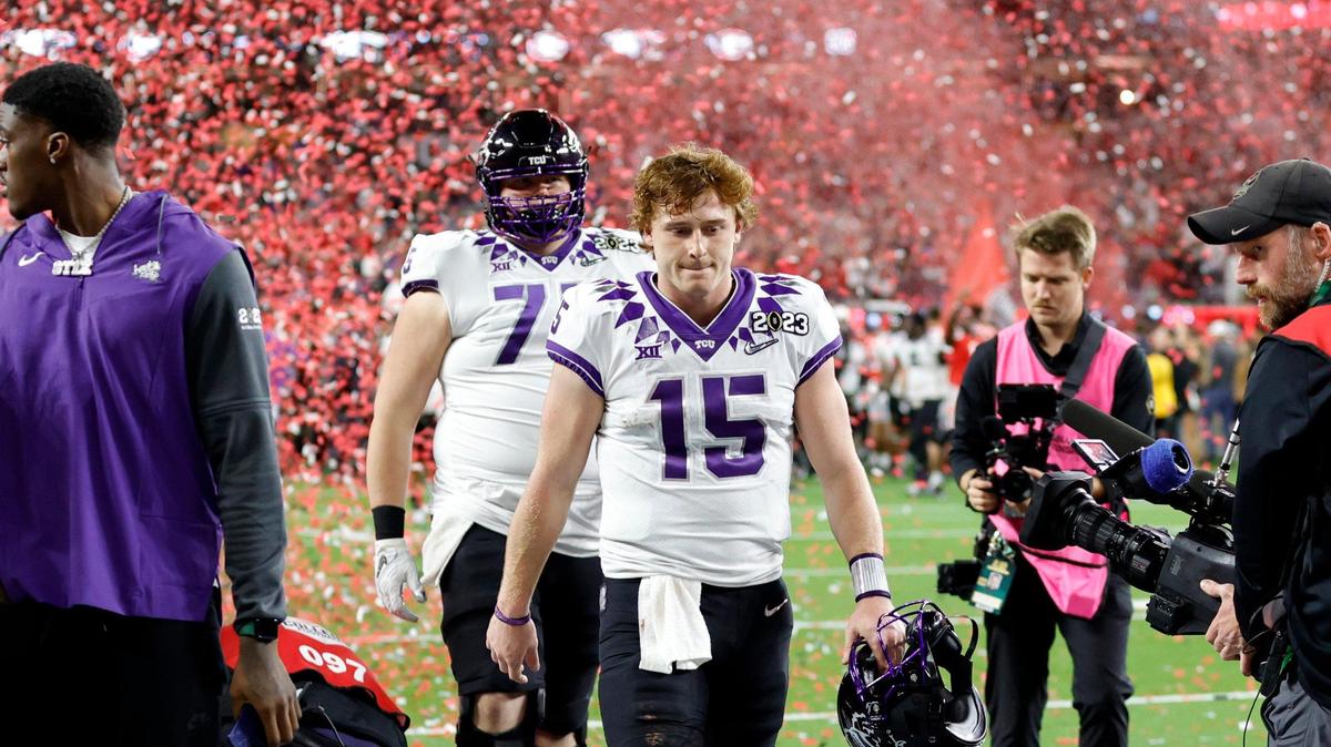 TCU quarterback Max Duggan leaves the field after losing against Georgia in the College Football Playoff National Championship on Monday at SoFi Stadium in Inglewood, Calif. The Bulldogs beat the Horned Frogs, 65-7.