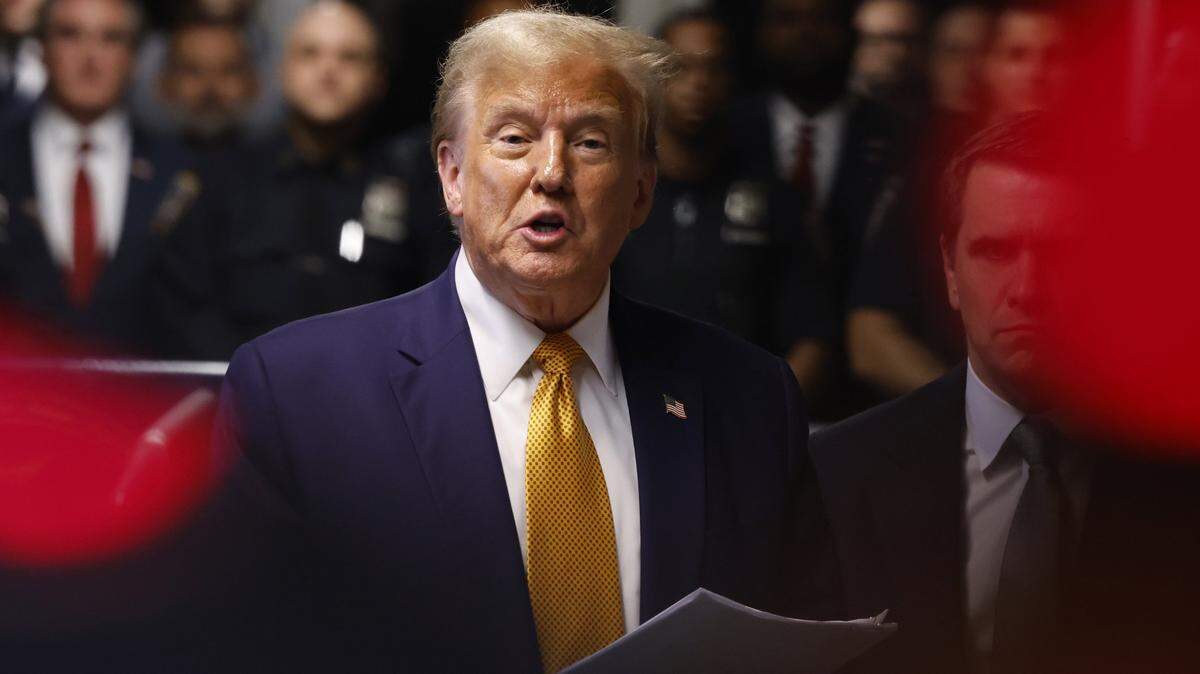 Former President Donald Trump gives end of the day remarks after exiting the courtroom during his hush money trial at Manhattan Criminal Court on May 14 in New York City.