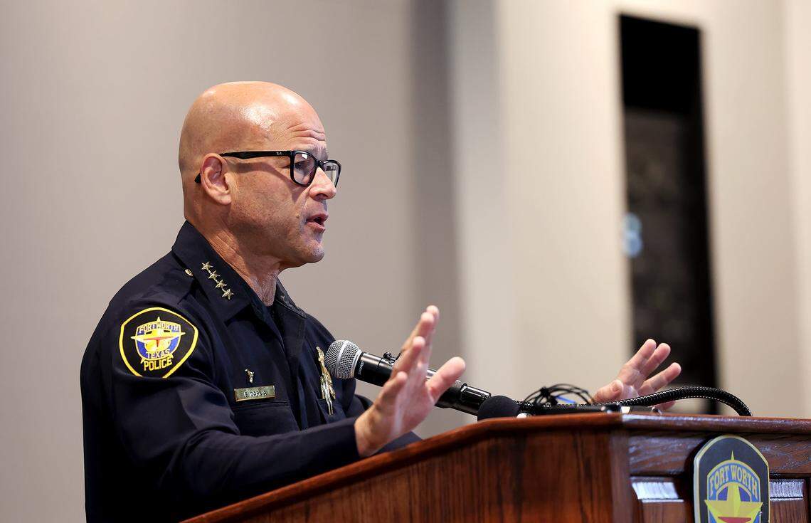 Fort Worth Police Chief Eddie Garcia holds a press conference on Monday, Oct. 6, 2025, to address a violent weekend that included a shooting at a bar in Fort Worth's West 7th district that resulted in one fatality and five injuries.