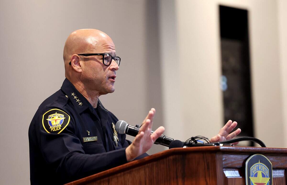 Fort Worth Police Chief Eddie Garcia holds a press conference on Monday, Oct. 6, 2025, to address a violent weekend that included a shooting at a bar in Fort Worth's West 7th district that resulted in one fatality and five injuries.