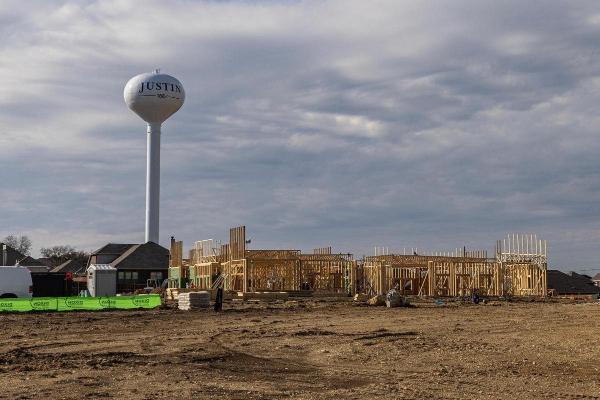 Construction in progress at Justin Town Square in January. City leaders hope the project, upon completion, will become a new civic and commercial center for its growing community.