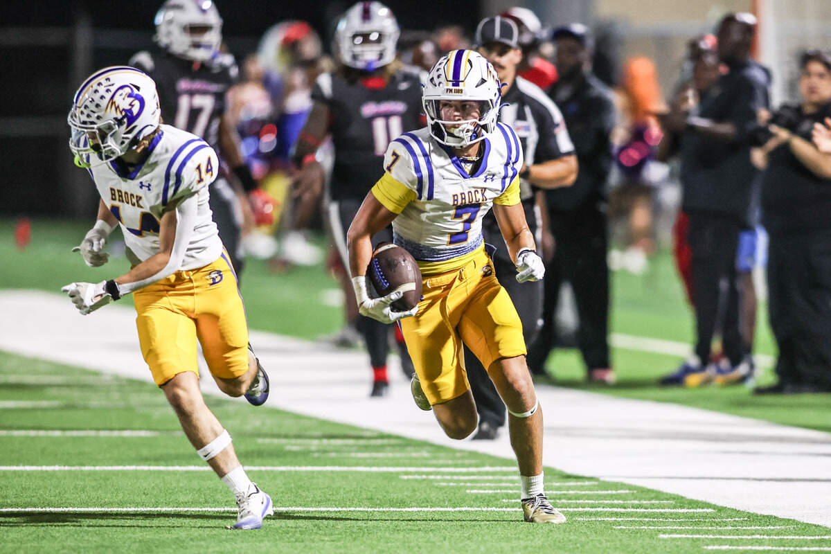 Brock’s Colt Matlock (7) has a long punt return against Fort Worth Southwest on Thursday, Sept. 18, 2025 at Scarborough-Handley Field in Fort Worth, Texas.
