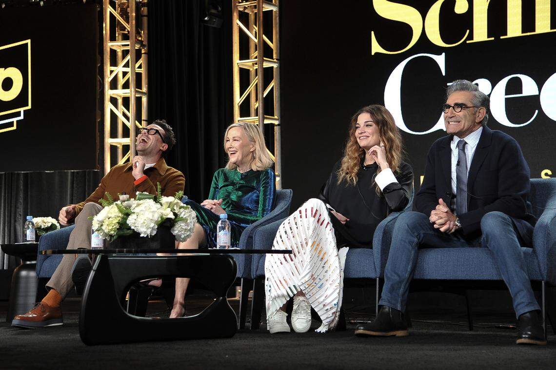 Dan Levy, from left,Catherine O’Hara, Annie Murphy and Eugene Levy participate in the Pop TV “Schitt’s Creek” panel during the Winter 2020 Television Critics Association Press Tour (Photo by Richard Shotwell/Invision/AP)