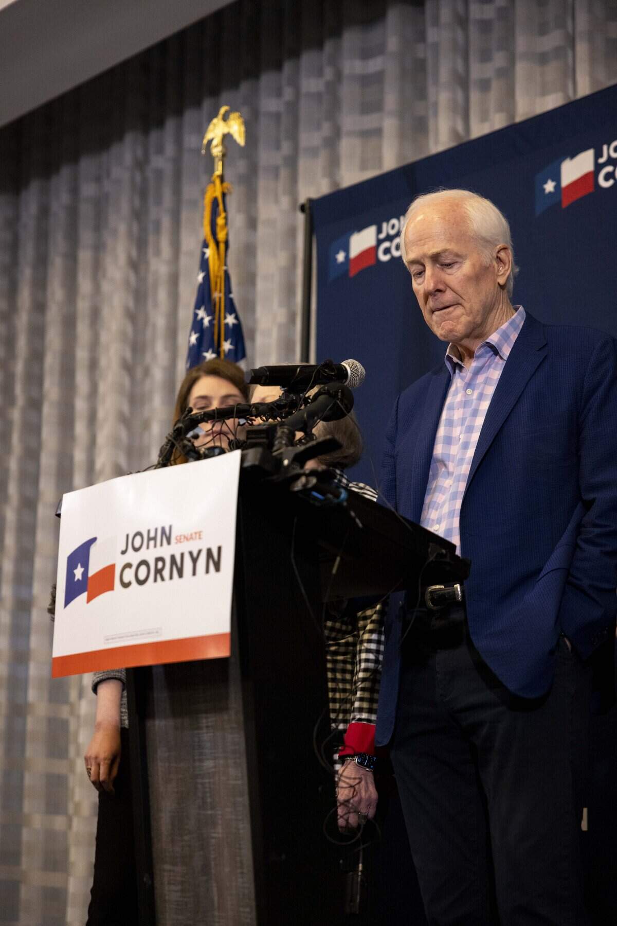 U.S. Sen. John Cornyn speaks to the media after receiving the primary runoff election results on Tuesday, May 26, 2026 at JW Marriott in Austin, Texas. Cornyn lost to Trump-backed Texas Attorney General Ken Paxton in a runoff election after neither won a majority of the votes in the March primary.