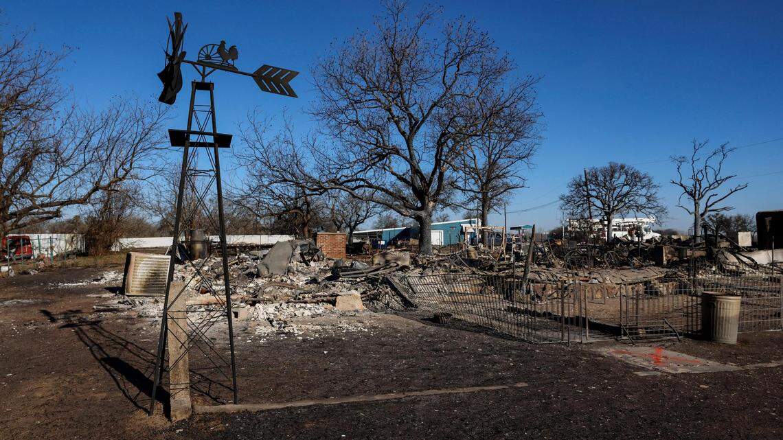 The destruction left behind after the Eastland Complex fire swept through on Thursday afternoon remained on Saturday, March 19, 2022, in Carbon, Texas. The Eastland Complex fire has spread over more than 50,000 acres across western Texas.