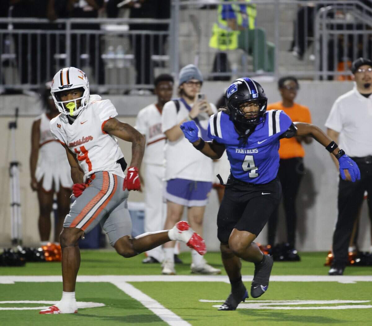 North Crowley corner back Jerry Outhouse (4) breaks away from his receiver to chase the running back during the first half of a UIL football game at Crowley ISD Stadium in Crowley, Texas, Thursday August, 28, 2025.