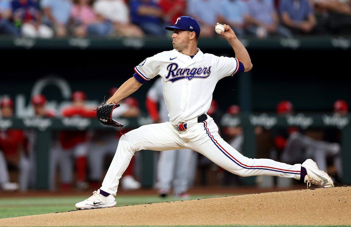 Texas Rangers starter MacKenzie Gore pitches in the first inning against the Cincinnati Reds on Friday, April 3, 2026.