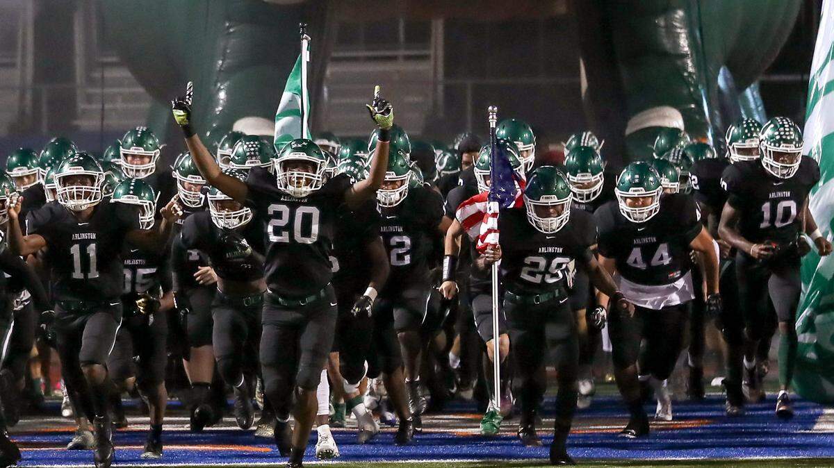 The Arlington Colts enter the field to face Arlington Bowie, Friday night, October 12, 2018 played at Maverick Stadium in Arlington, TX.
