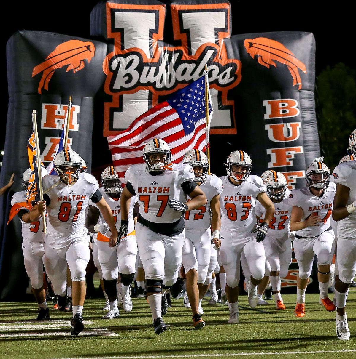 The Haltom Buffalos enter the field to face the Richland Rebels, Friday night, October 26, 2018 played at the Birdville ISD Fine Arts Athletics Complex in North Richland Hills, TX,