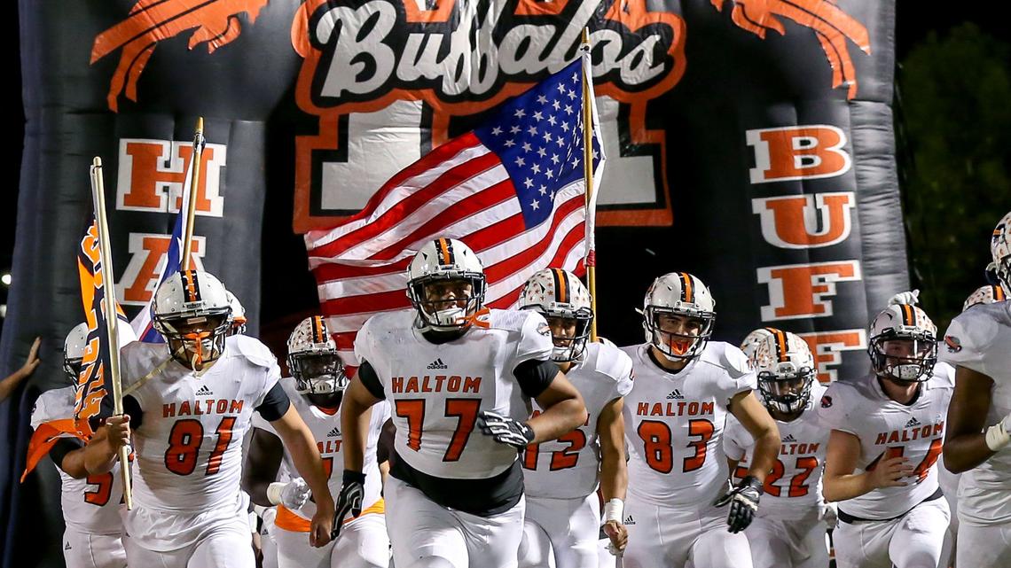 The Haltom Buffalos enter the field to face the Richland Rebels, Friday night, October 26, 2018 played at the Birdville ISD Fine Arts Athletics Complex in North Richland Hills, TX,