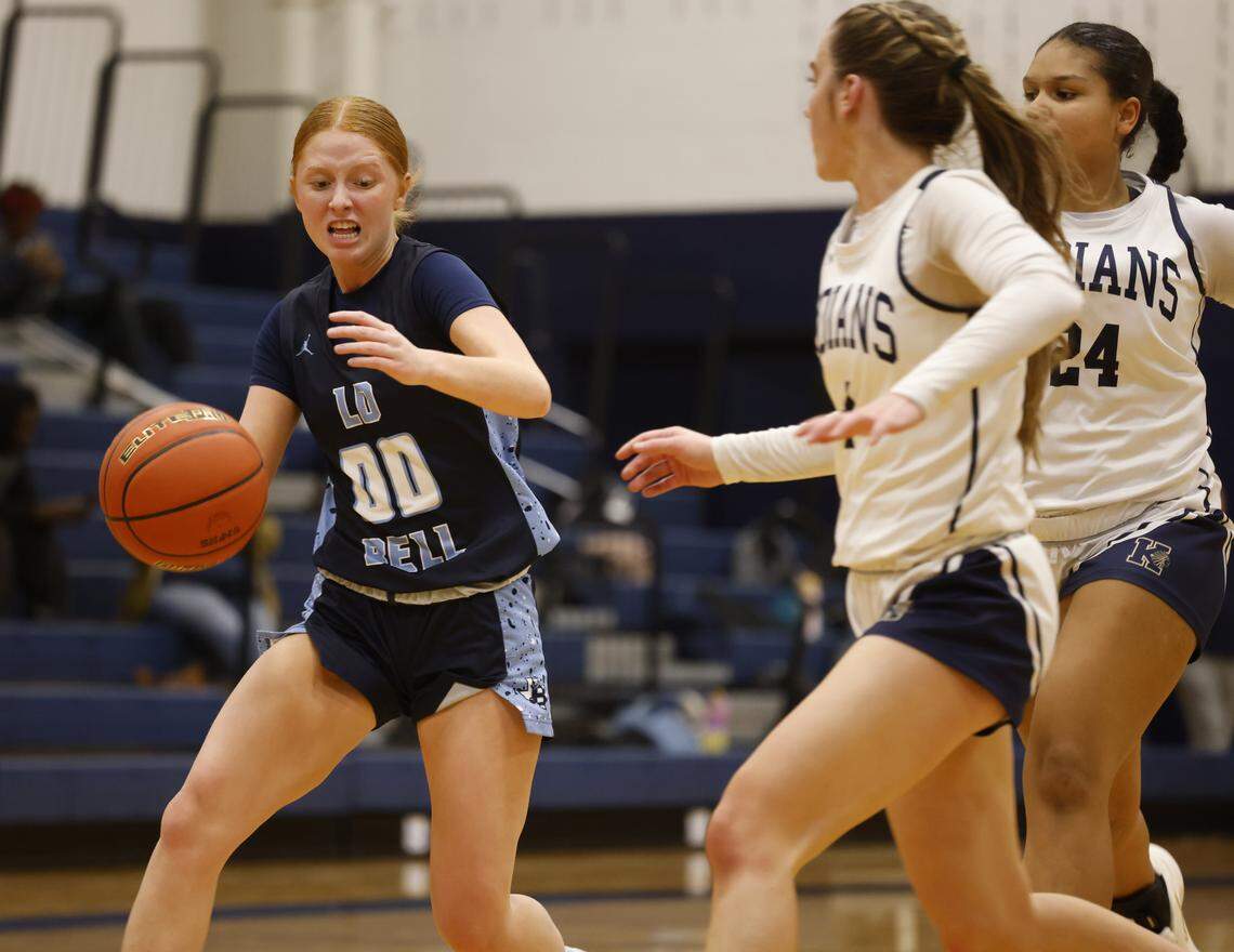 L.D. Bell guard Hannah Due (00) drives to the paint during the first half of a UIL girls basketball game between L.D. Bell and Keller at Keller High School in Keller, Texas, Friday Jan. 16, 2026