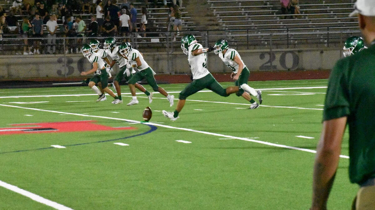 Breckenridge kicks off during a high school football game versus Benbrook at Clark Stadium in Fort Worth, Texas Friday, September 22, 2023.