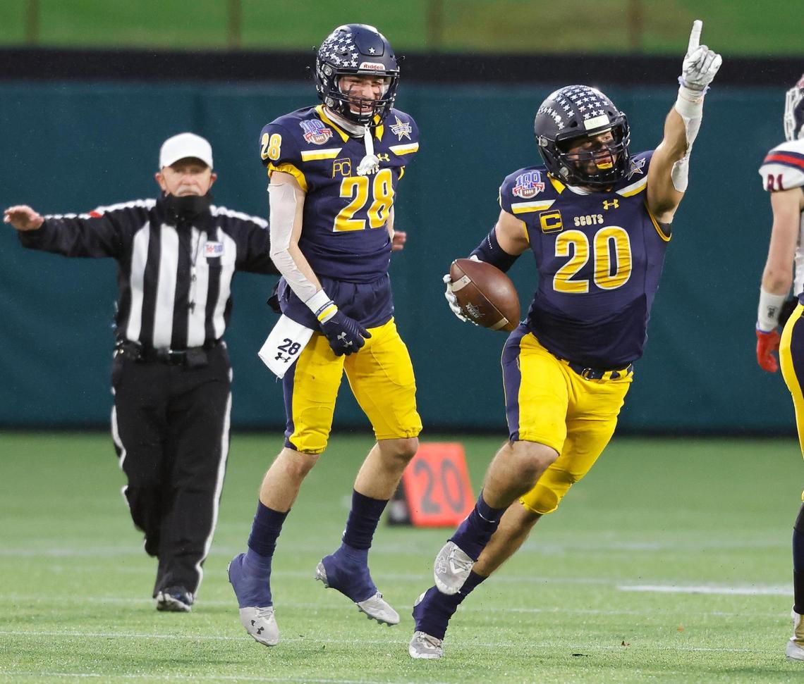 Highland Park linebacker Patrick Turner celebrates his interception during the 5A division 1 quarterfinals at Globe Life Park in Arlington, Texas, Friday, Jan. 01 2021. After a scoreless second half Denton Ryan defeated Highland Park 17-7. (Special to the Star-Telegram Bob Booth)