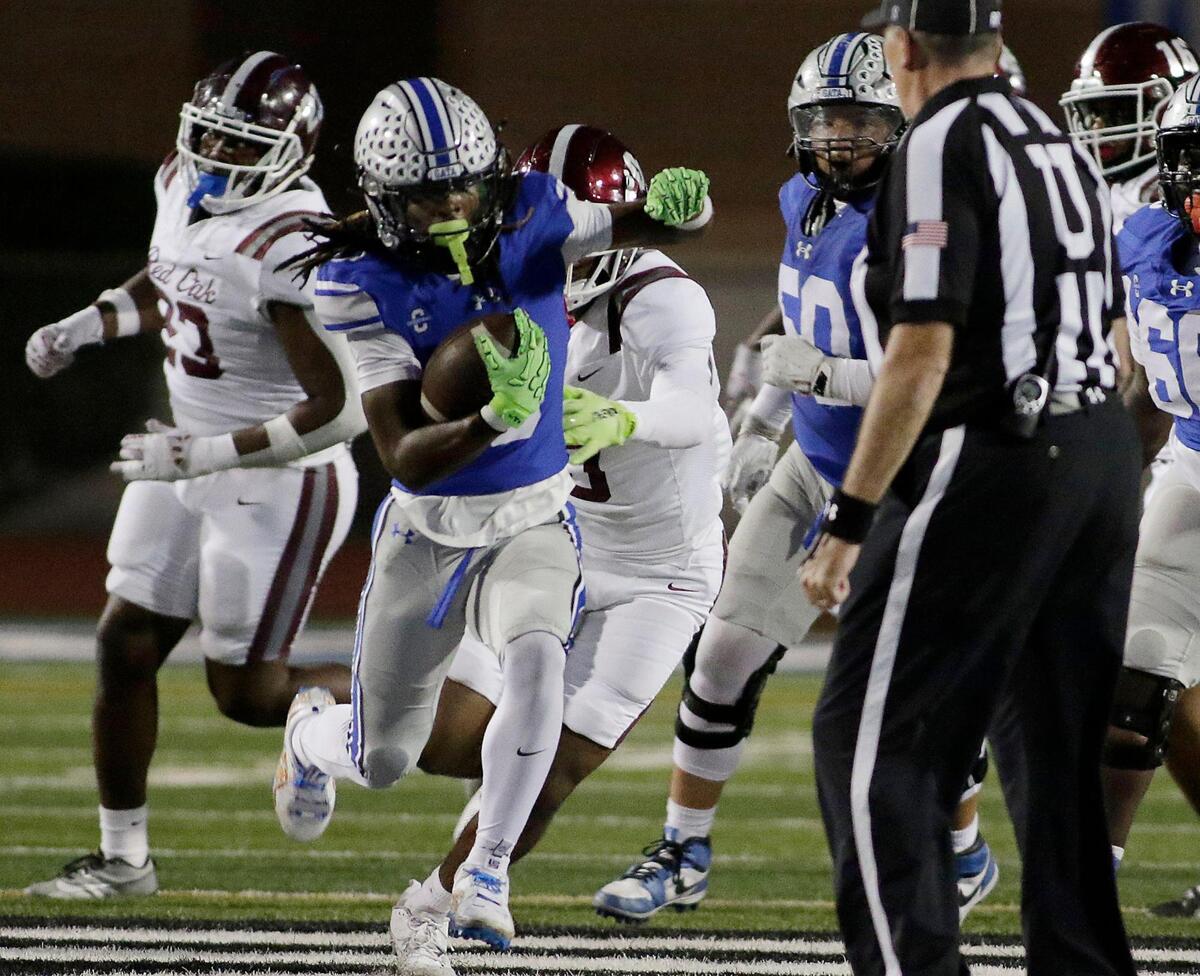 Burleson’s Keilan Gregory finds a gap and goes on a long reception for a touchdown during a UIL football game at Burleson ISD Stadium on Friday October 25, 2024.