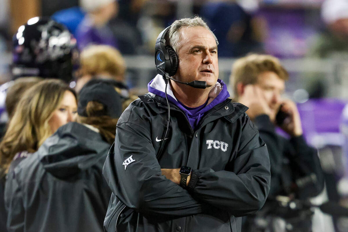 TCU head coach Sonny Dykes watches his team from the sidelines during their game against Iowa State at the Amon G. Carter Stadium in Fort Worth on Saturday, Nov. 26, 2022. The Horned Frogs won, 62-14, and remained undefeated during their regular season.