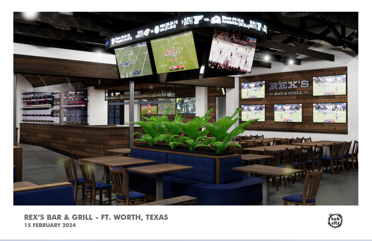 Rex’s Bar & Grill will have a billboard with an overhead sports ticker when it opens in late summer or early fall in Fort Worth.