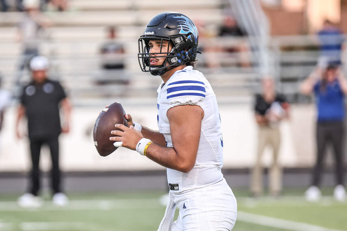 Byron Nelson quarterback Parker Almanza looks downfield against Lewisville at Max Goldsmith Stadium in Lewisville on Thursday, Sept. 4, 2025.