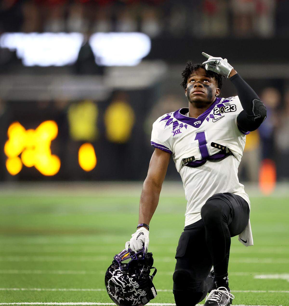 TCU cornerback Tre’Vius Hodges-Tomlinson takes a moment before the start of the 2023 College Football Playoff National Championship on Monday, January 9, 2023, at SoFi Stadium in Inglewood, Calif.