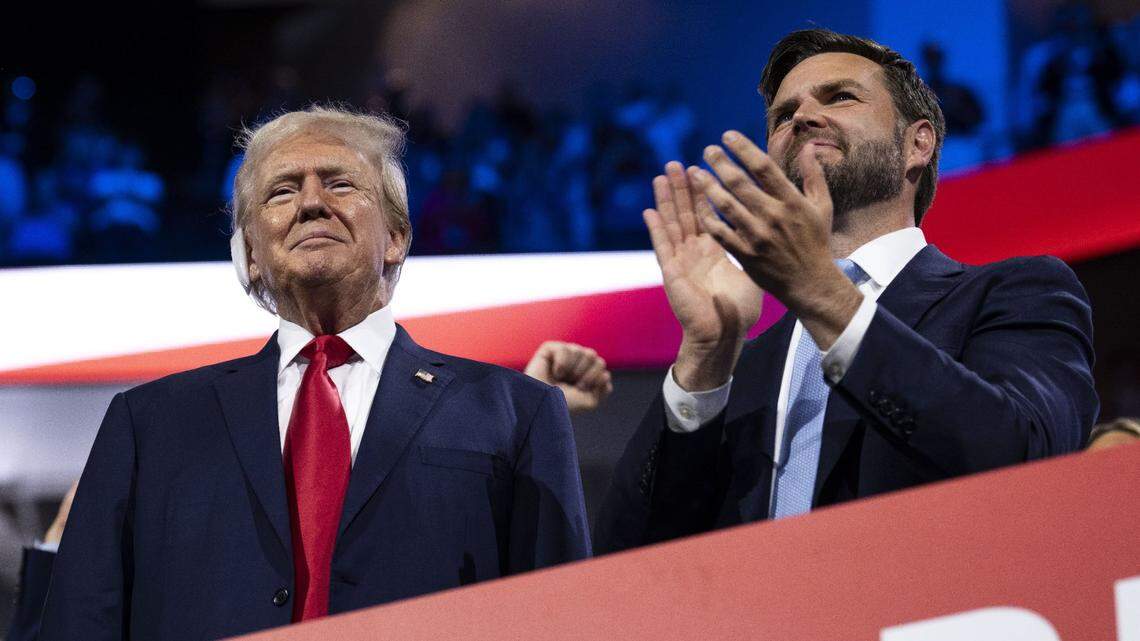 President-elect Donald Trump appears with Vice President-elect JD Vance on the first night of the Republican National Convention at the Fiserv Forum in Milwaukee on Monday, July 15, 2024.