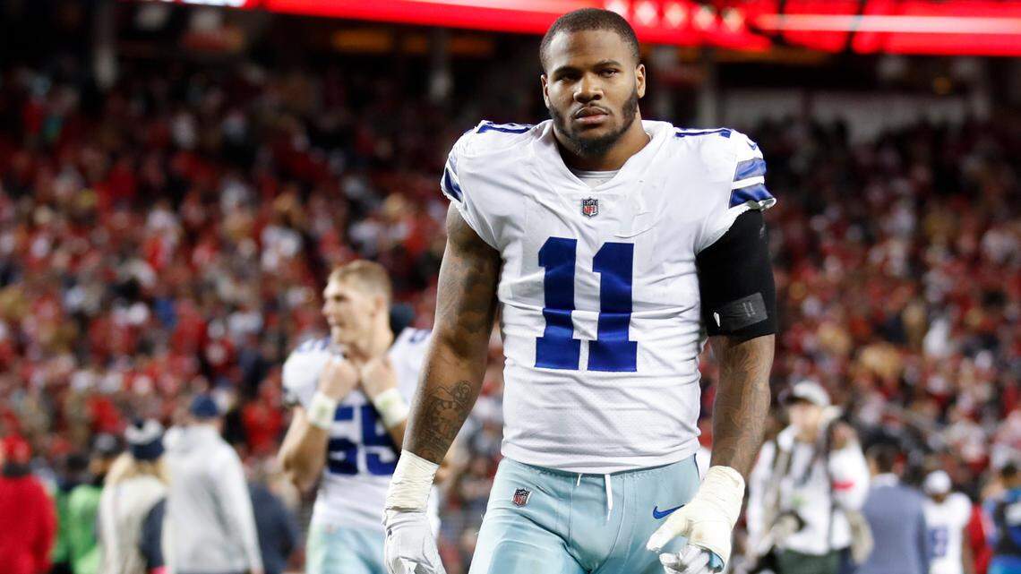 Dallas Cowboys linebacker Micah Parsons (11) walks off the field after an NFL divisional round playoff football game against the San Francisco 49ers in Santa Clara, Calif., on Sunday.