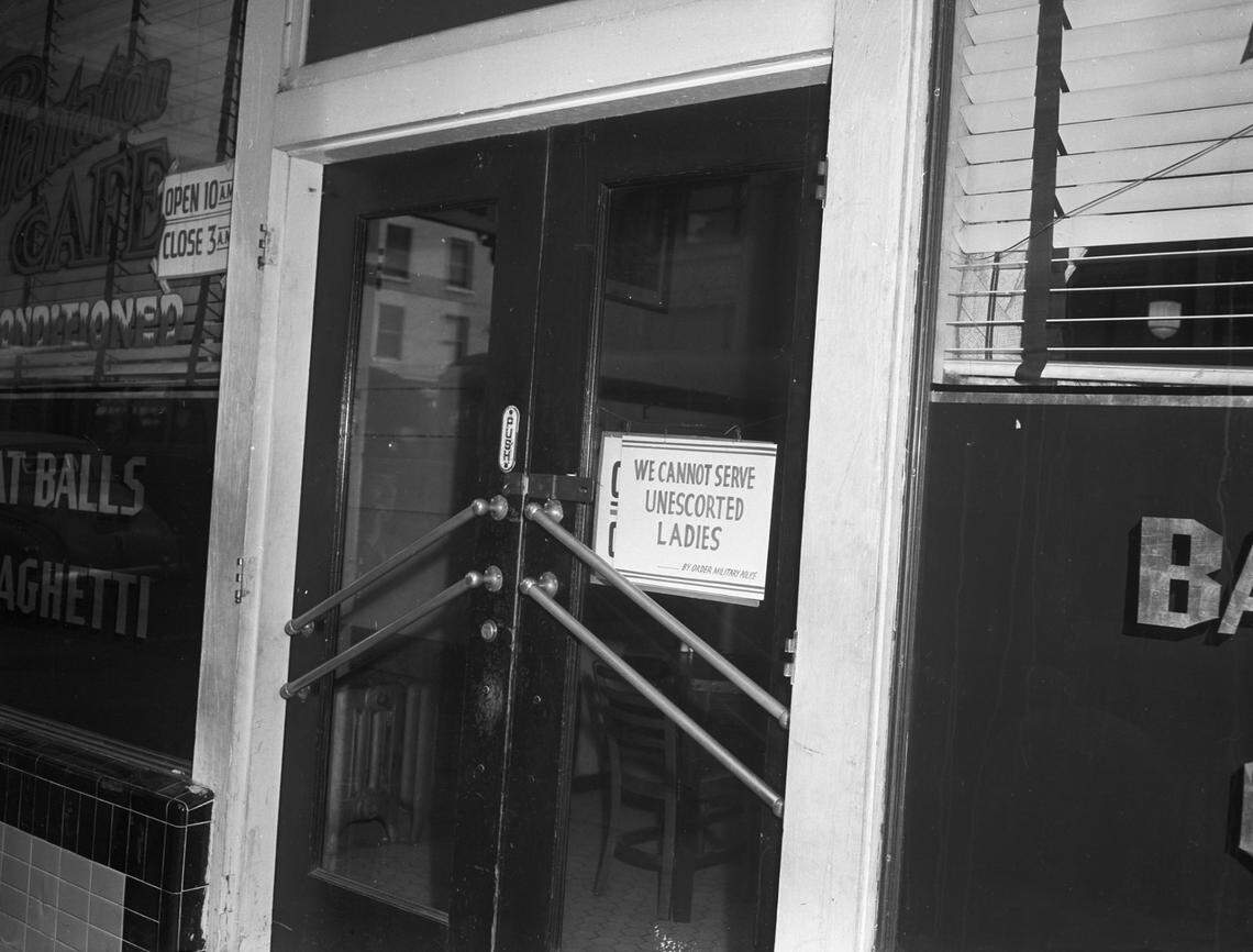 Jan. 31, 1944: Plantation Cafe posts a sign, “We Cannot Serve Unescorted Ladies.” This sign greeted women patrons of the Fort Worth restaurant after the Military Police “suggested” to the owner that too many soldiers were picking up “dates” in the establishment.