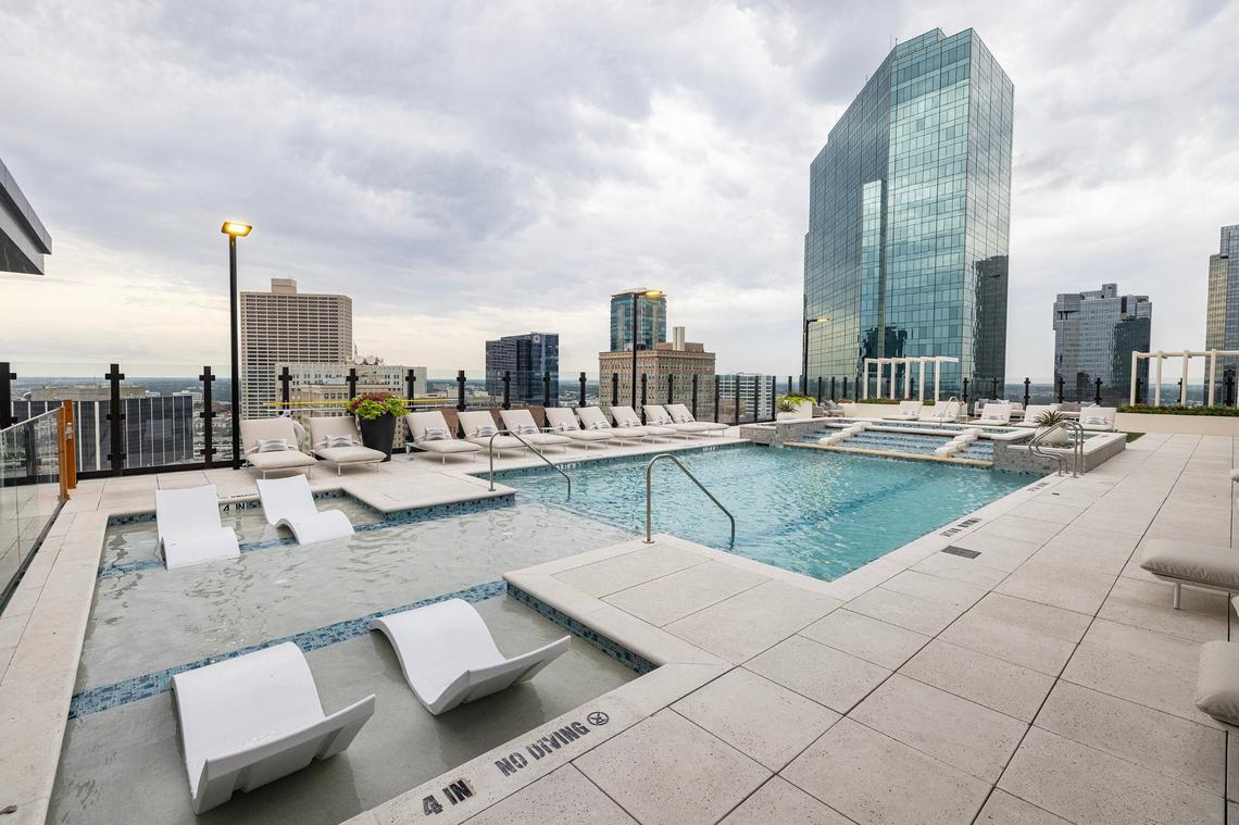The courtyard pool on the 24th floor of the new Deco 969 High-Rise Apartments in downtown Fort Worth on Wednesday, July 17, 2024.