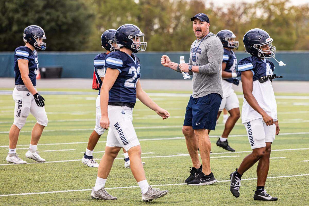 Liberty Christian Head Football Coach Jason Witten coaches the team in a special teams drill during football practice at Warrior Stadium at Liberty Christian School in Argyle, Texas on Tuesday, Aug. 15, 2023.