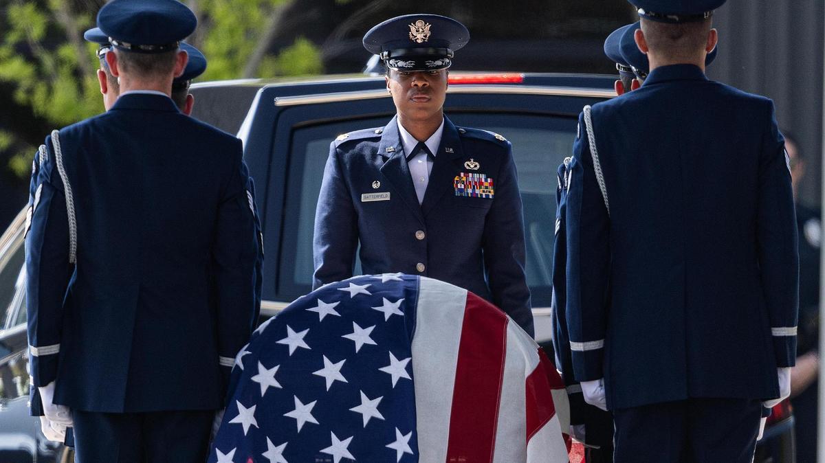 A U.S. Air Force Color Guard carries out the American Flag-draped coffin of Ava Moore during the military ceremony following her funeral at the Met Church in Fort Worth on Saturday, May 31.