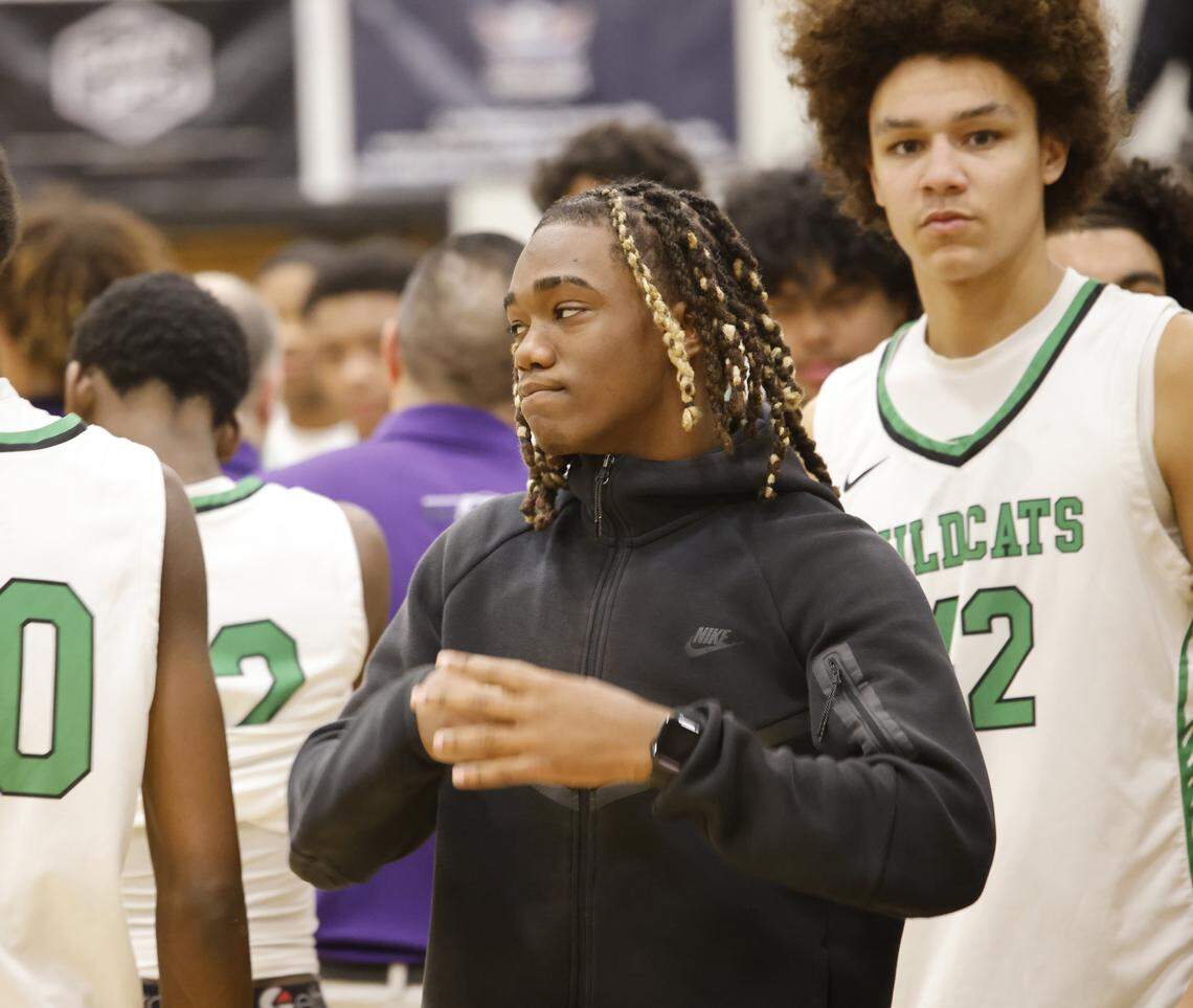Kennedale guard Trey Smith (10) walks with team mates after the first half of a UIL boys basketball game between Alvarado and Kennedale at Kennedale High School in Kennedale, Texas, Tuesday Jan. 13, 2026