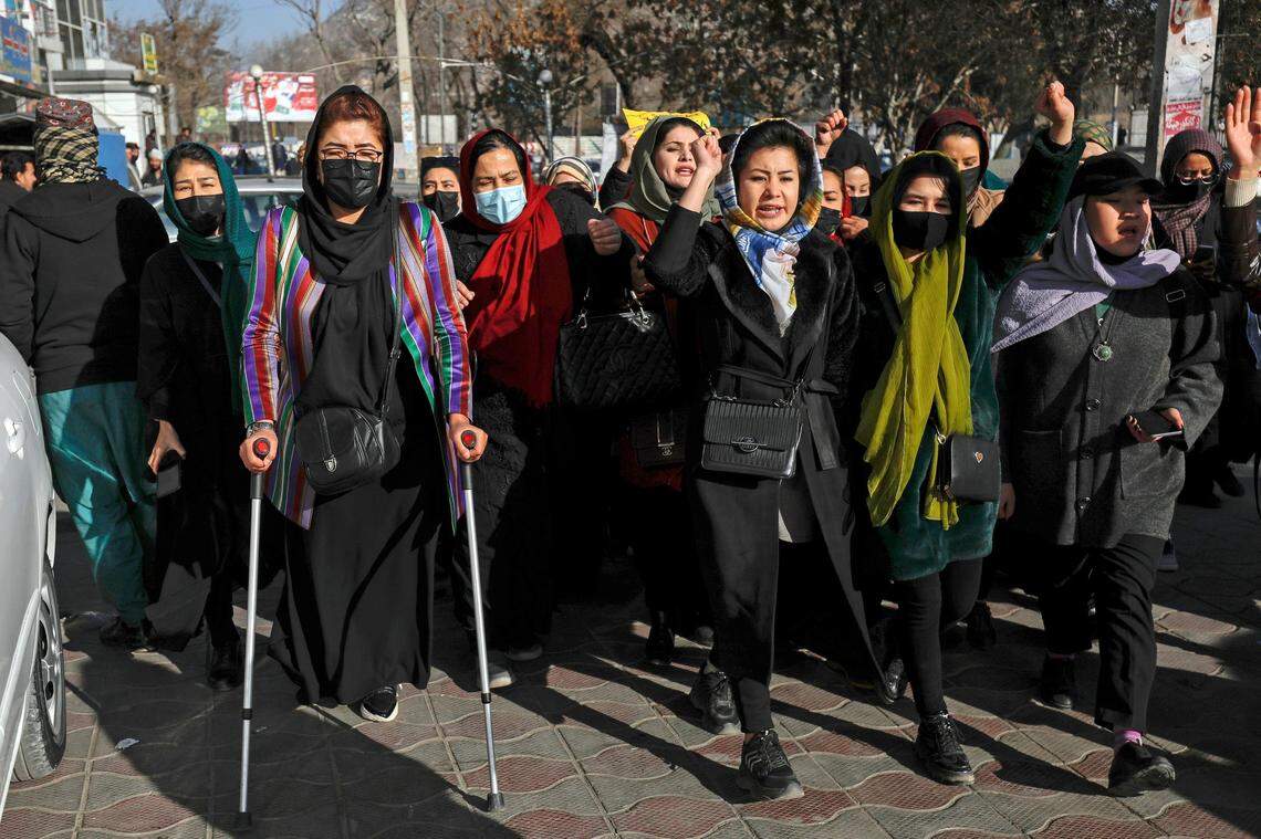 Afghan women chant slogans during a protest against the ban on university education for women, in Kabul, Afghanistan, Thursday, Dec. 22, 2022.&nbsp;(AP Photo)