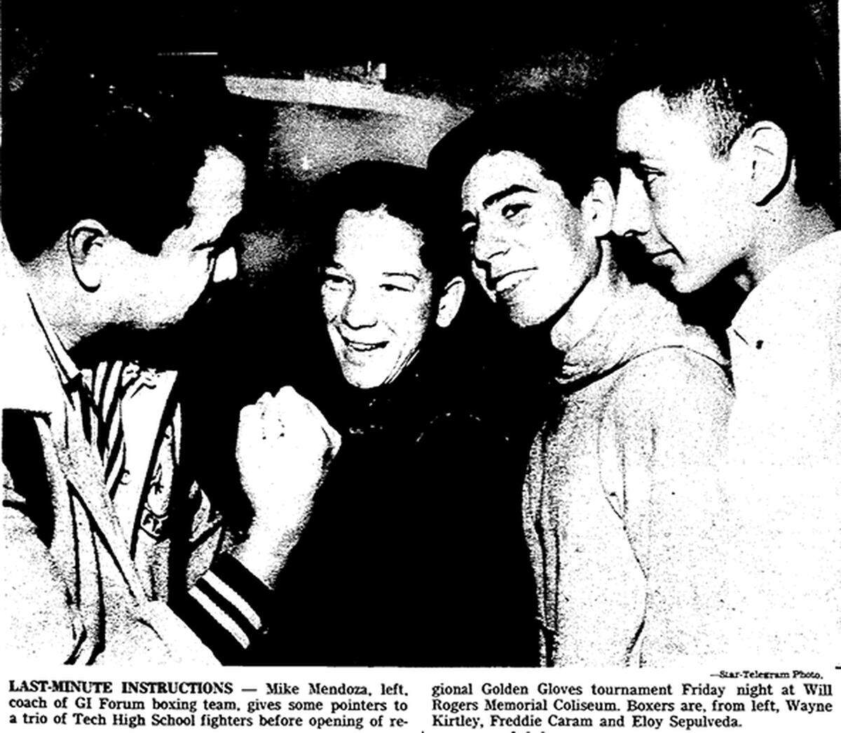 Eloy Sepulveda, right, and other Golden Glove fighters hear instructions from Mike Mendoza on Jan. 14, 1961 in this Fort Worth Star-Telegram photo.