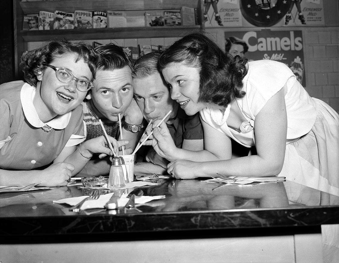 May 24, 1950: “These four high school senior class presidents had never met until they stopped for a soft drink at the T&P Station, during a lay-over on their class trips to New Orleans. From left, Margaret Spears, Coahoma High; Ralph Willingham, Hobbs High; Argene Hodge, Winters High; and Helen Lawson, Sterling City High.