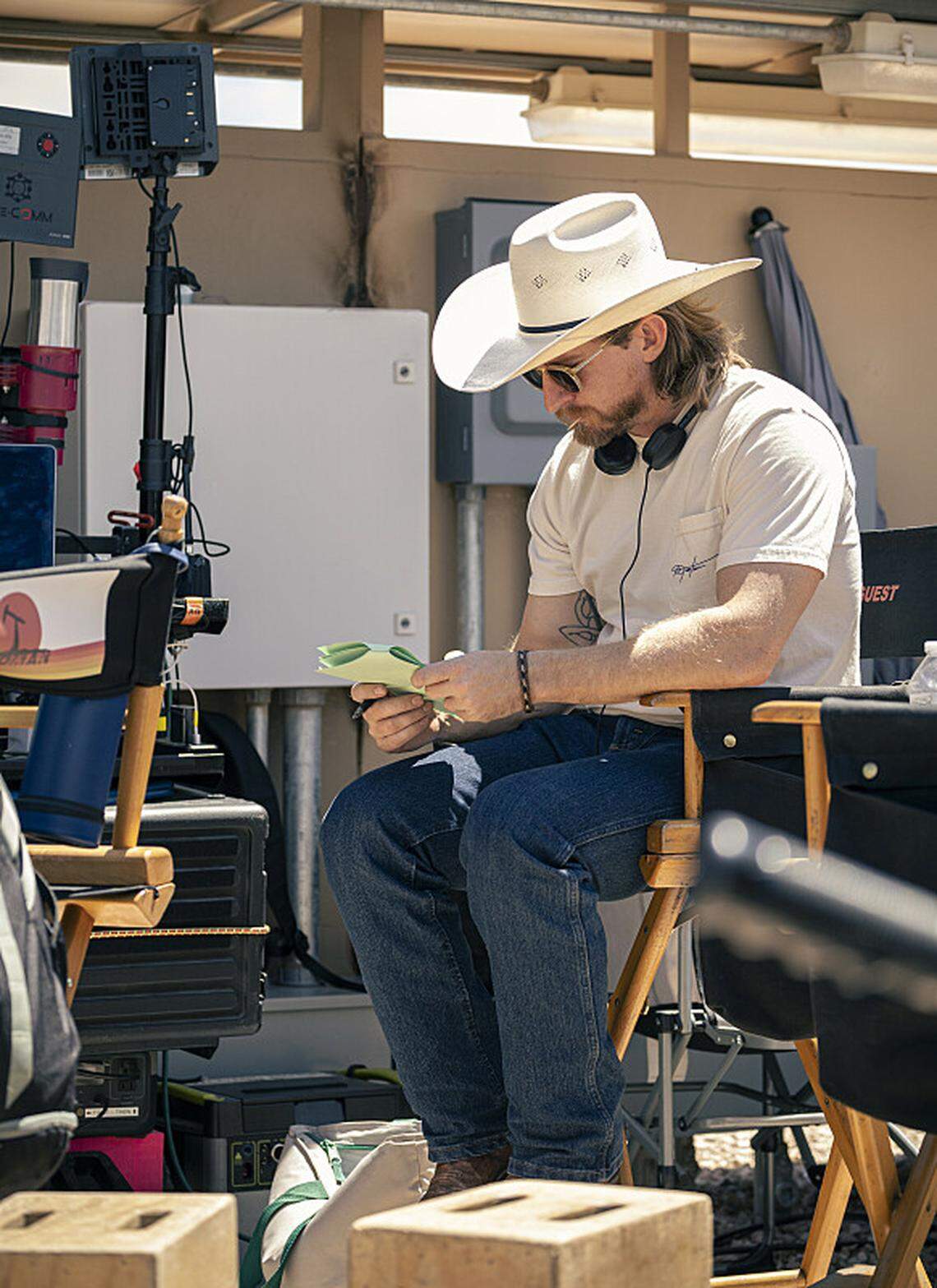 Christian Wallace behind the scenes on season 1, episode 10 of “Landman” streaming on Paramount+.
