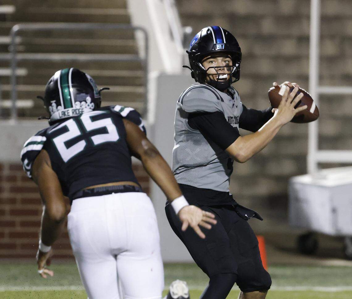 North Crowley quarterback Hayes Cloutier (9) tosses to the outside during the first half of a UIL football game between North Crowley and Lake Ridge at Vernon Newsom Stadium in Mansfield, Texas, Thursday, October 09, 2025.