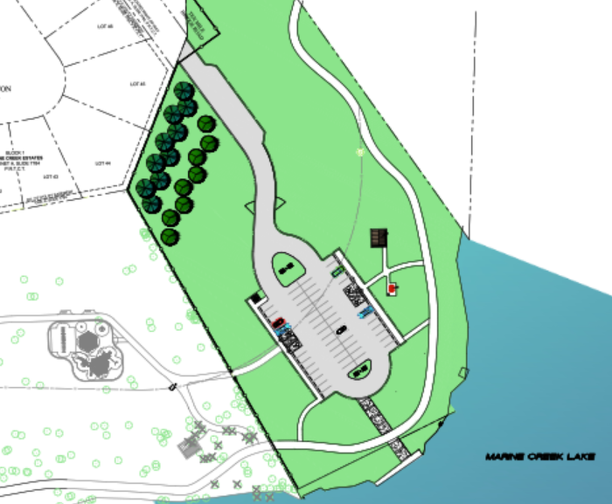 A rendering of what the new trailhead at Marine Creek Lake Park will look like. The completed trailhead will have a paved parking lot, pavilion, picnic tables and kayak and canoe launch. 