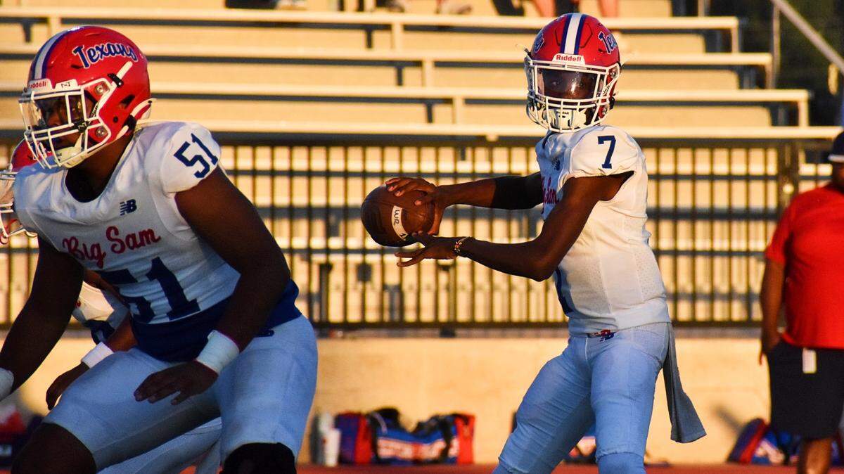 Sam Houston quarterback senior quarterback Ken Jones looks for a target during a game Thursday night against Irving MacArthur on September 12, 2024.