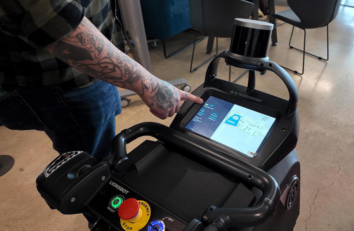This vacuum cleaning robot comes equipped with a screen that tells users where it cleaned on a map, how far it traveled and the percentage of the room that is done.