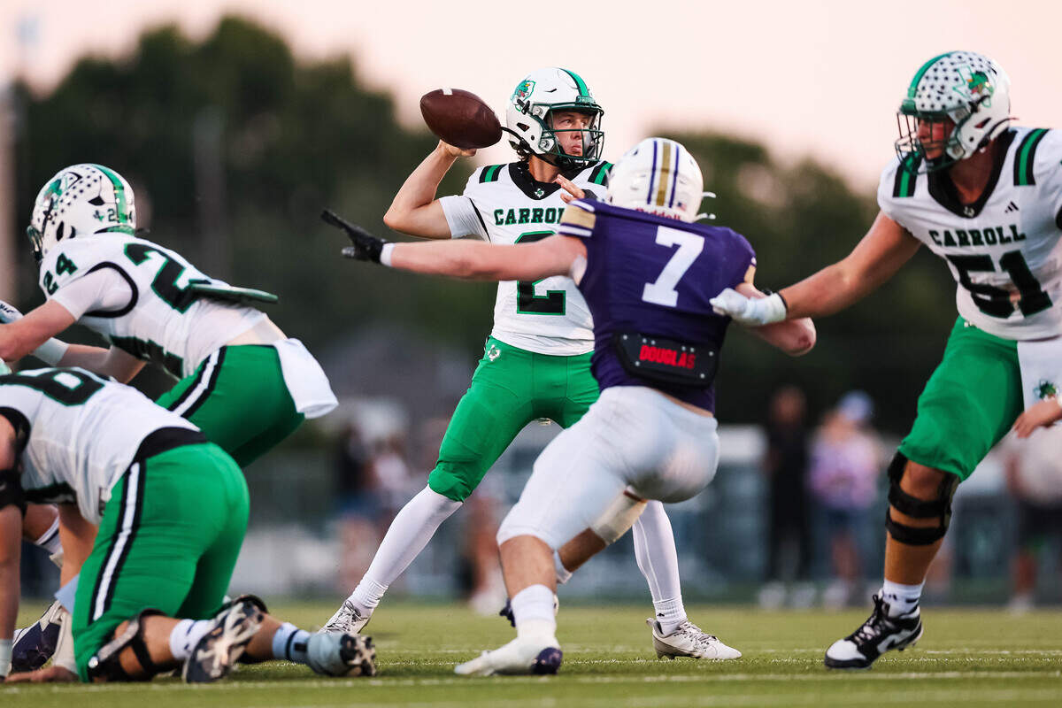 Southlake Carroll quarterback Angelo Renda (2) gets ready to fire a pass against Keller Timber Creek on Thursday, September 25, 2025 at Keller ISD Stadium in Keller, Texas.