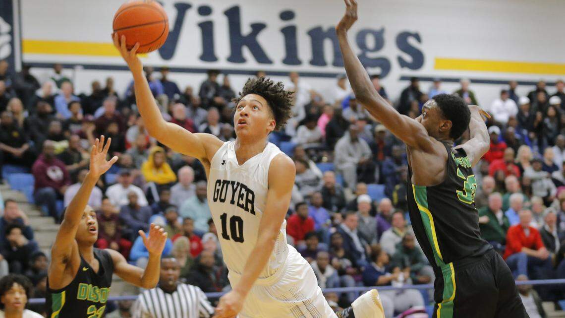 Denton Guyer’s Jalen Wilson (10) moves toward the hoop as the Wildcats beat DeSoto 48-45 in a boys basketball playoff game at Arlington Lamar High School on Friday, Feb. 23, 2018.