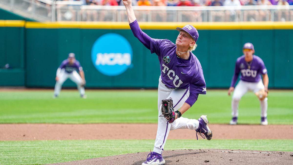 TCU Horned Frogs starting pitcher Kole Klecker (17) throws the opening pitch of the 2023 NCAA College World Series against the Oral Roberts Golden Eagles at Charles Schwab Field Omaha on Friday.