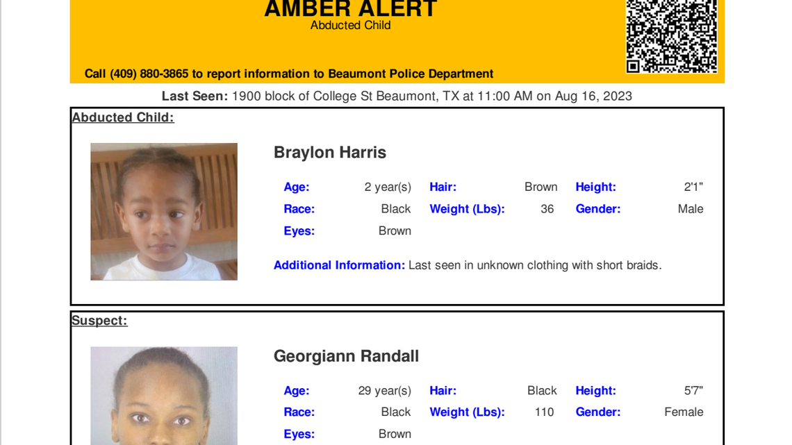 Beaumont police are looking for 2-year-old Braylon Harris who was last seen Wednesday morning. Officials believe he is in grave or immediate danger.