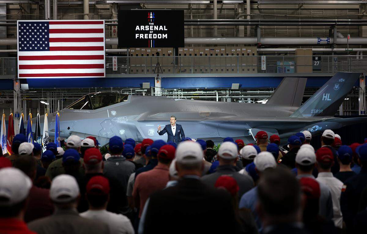  Defense Secretary Pete Hegseth speaks at Lockheed Martin’s Fort Worth facility on Monday, Jan. 12, 2026, as part of his  “Arsenal of Freedom” industry tour. The Fort Worth facility builds the F-35 Lightning II fighter aircraft.