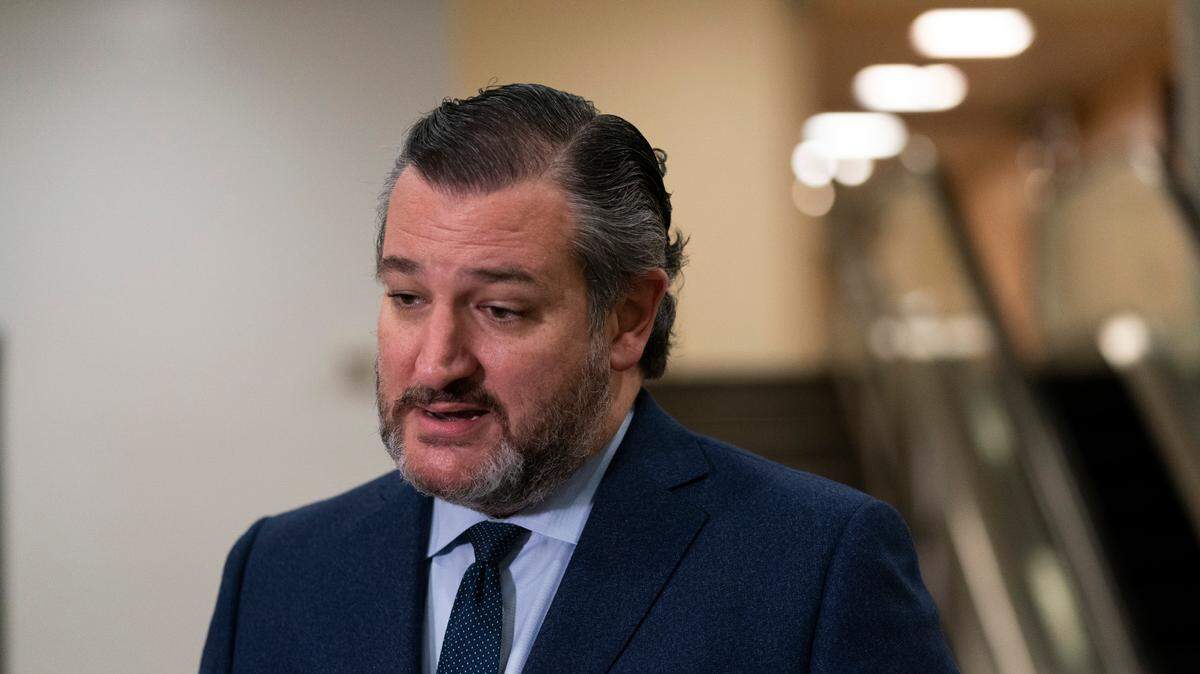 Sen. Ted Cruz, R-Texas, speaks with reporters on Capitol Hill in Washington, Saturday, Feb. 13, 2021, on the fifth day of the second impeachment trial of former President Donald Trump. (AP Photo/Alex Brandon)