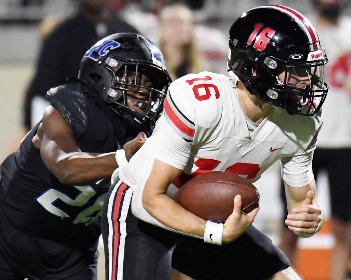 North Crowley’s Anthony Toliver, left sacks Lovejoy quarterback Brayden Hagle forcing long field goal in the fourth quarter of Thursday’s September 8, 2022 football game at Crowley ISD Stadium in Fort Worth, Texas. North Crowley won 28-20. Special/Bob Haynes