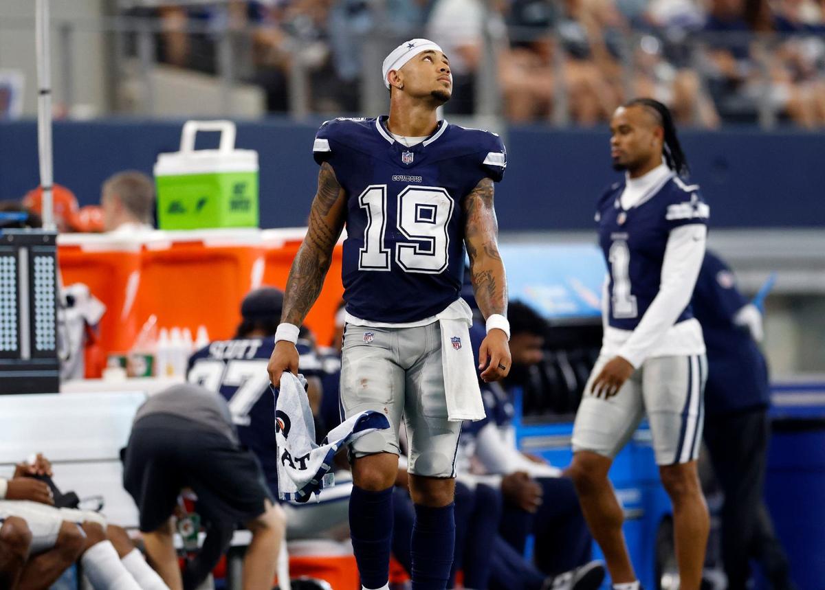 Dallas Cowboys quarterback Trey Lance walks the sideline after giving up the ball to the Los Angeles Charges due to an interception during the fourth quarter on Saturday, Aug. 24, 2024, at AT&T Stadium in Arlington.