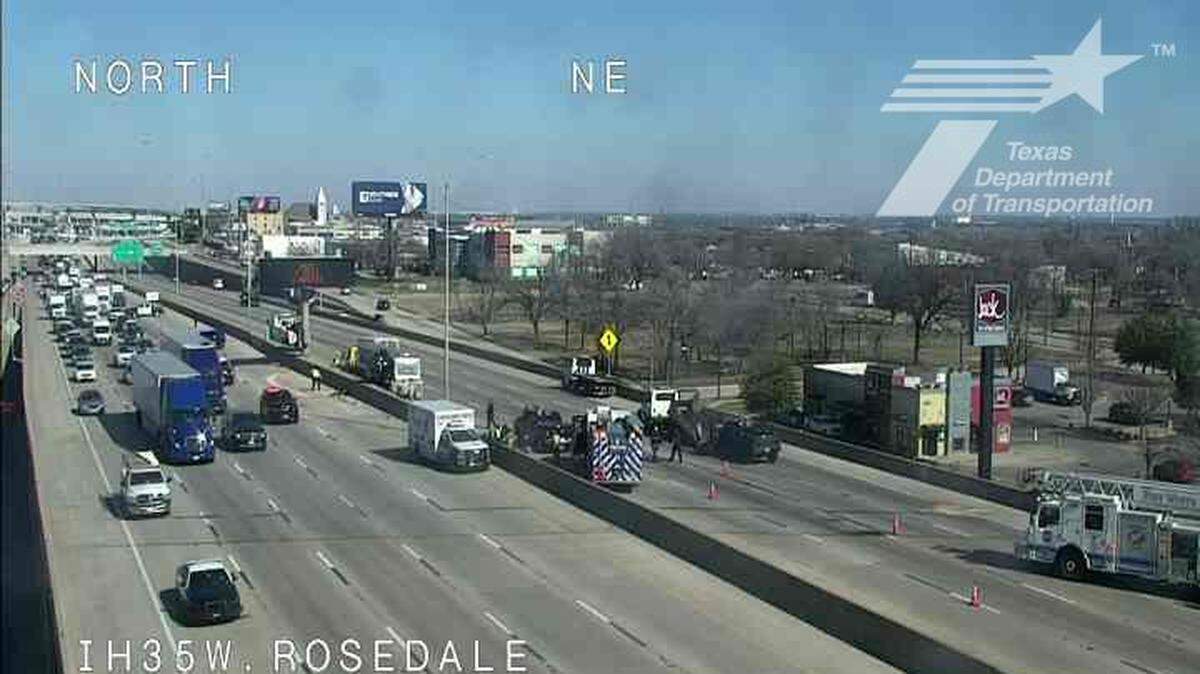 Interstate 35W near Rosedale Street in Fort Worth is closed in both directions on Wednesday morning, Jan. 22, 2025, due to a major accident blocking the roadway, police said. No major injuries have been reported in the crash. The accident involved a semi truck, two cars and a pickup truck, according to a 911 call log.