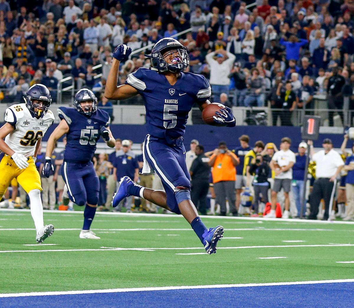 Frisco Lone Star running back Jaden Nixon goes in for an 18 yard touchdown run in overtime to get the victory over Highland Park, 33-27 in the 5A Division I Regional-round High School Football playoff game at AT&T Stadium in Arlington, Tx Friday November 29, 2019.