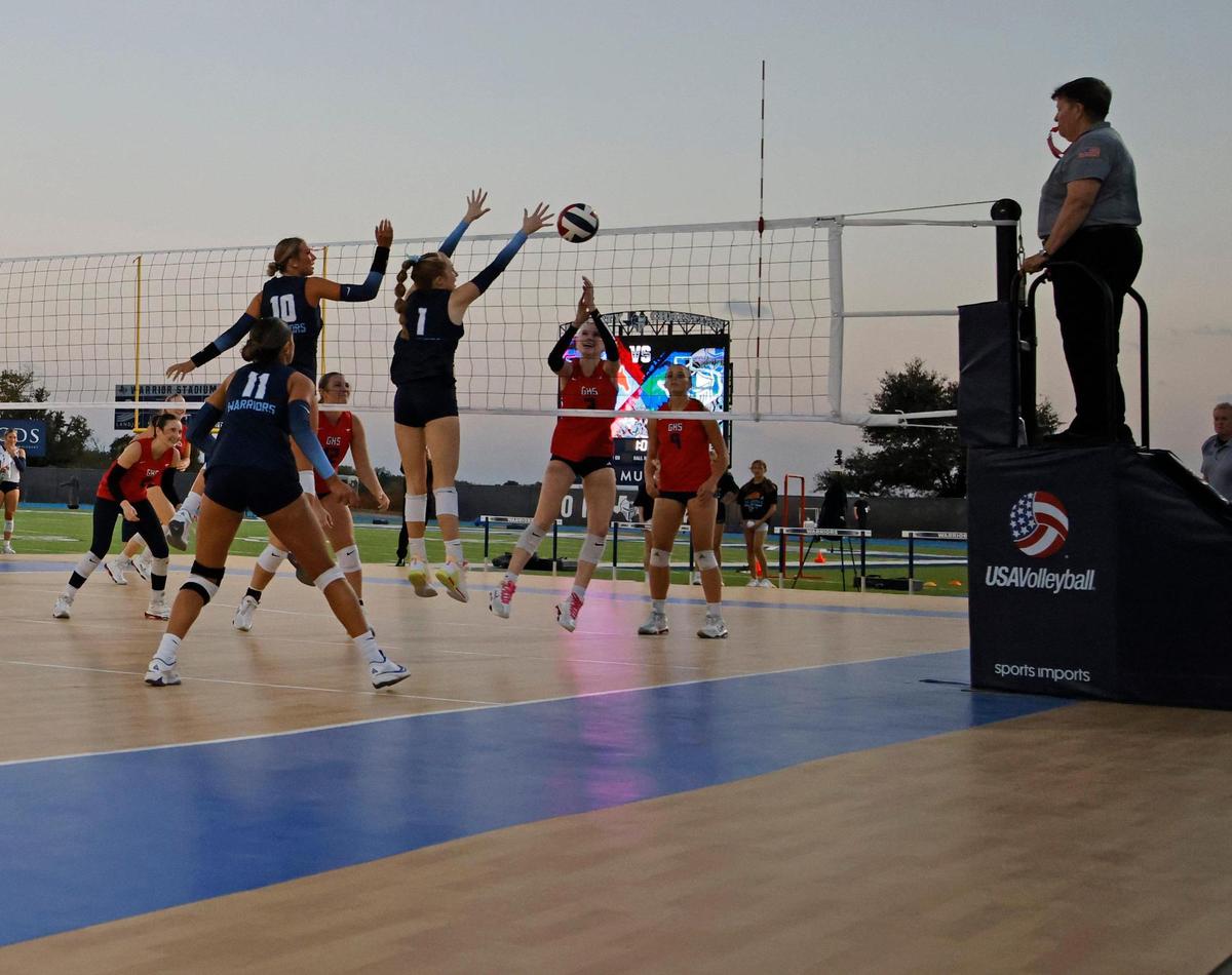 Grapevine and Liberty Christian played the Showdown at Sundown outdoor exhibition volleyball game on the field of Warrior Stadium at Liberty Christian High School in Argyle, Texas, Tuesday, Oct. 29, 2024.